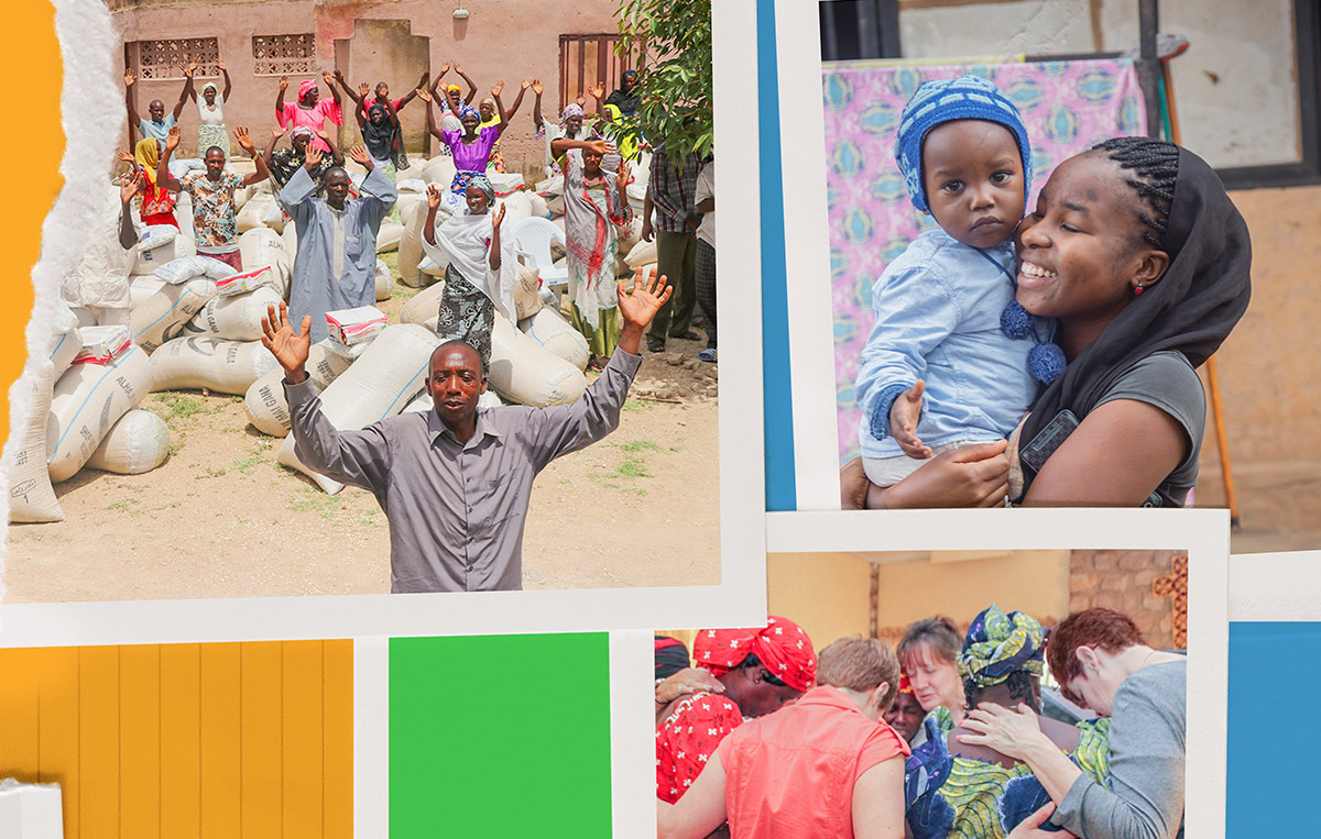 Collage of people from nigeria including crowd celebrating bags of supplies