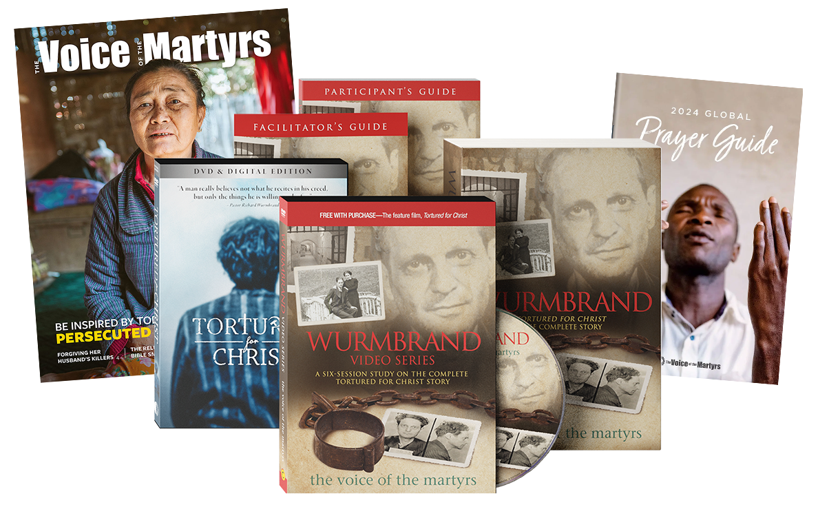 Products included in the welcome kit: VOM's monthly magazine, various Wurmbrand group study materials, the Global Prayer Guide.