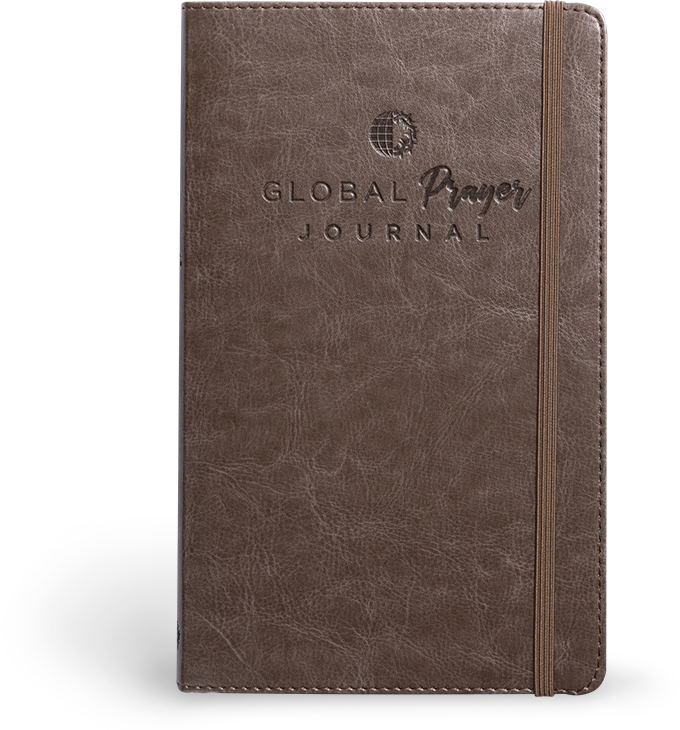 Cover of Global Prayer Journal in dark brown leather color with VOM logo.
