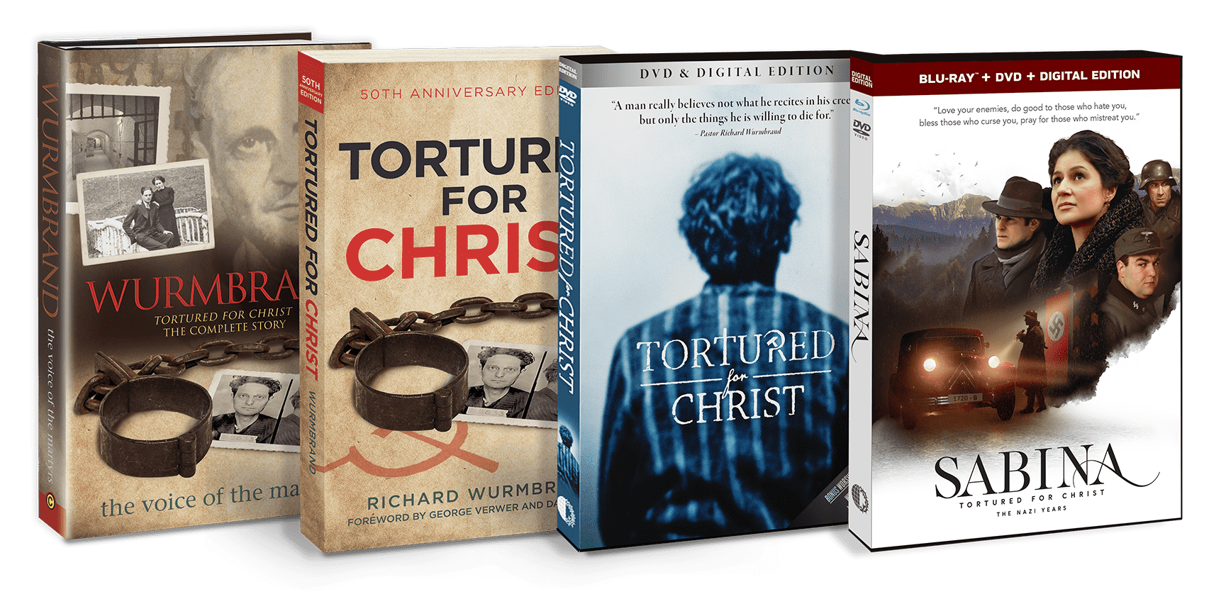 Image of a number of products: Wurmbrand book, Tortured for Christ book, Tortured for Christ DVD and Sabina DVD.