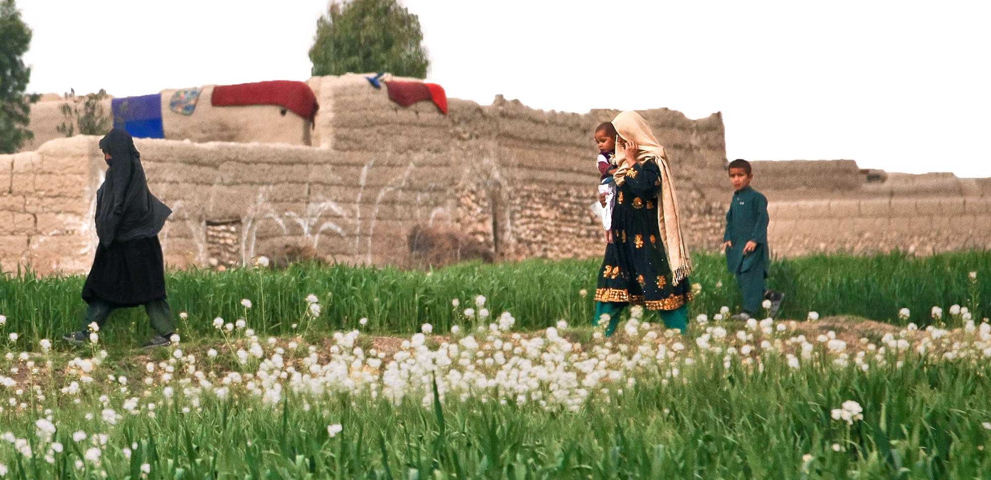 Women walking across field