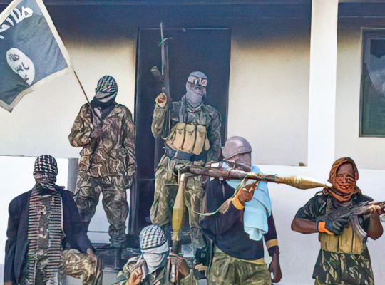 Group of militants with flag and weapons