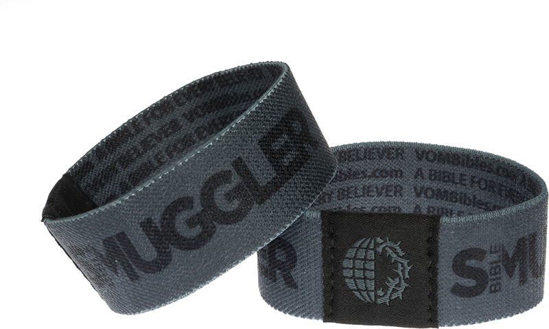 Bible Smuggler wristband, black text on dark gray band