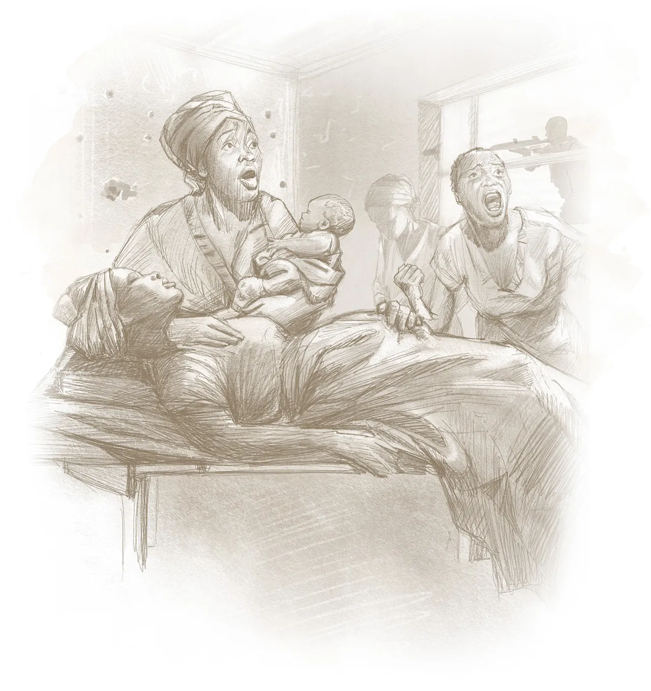 Illustration of people mourning a dead woman