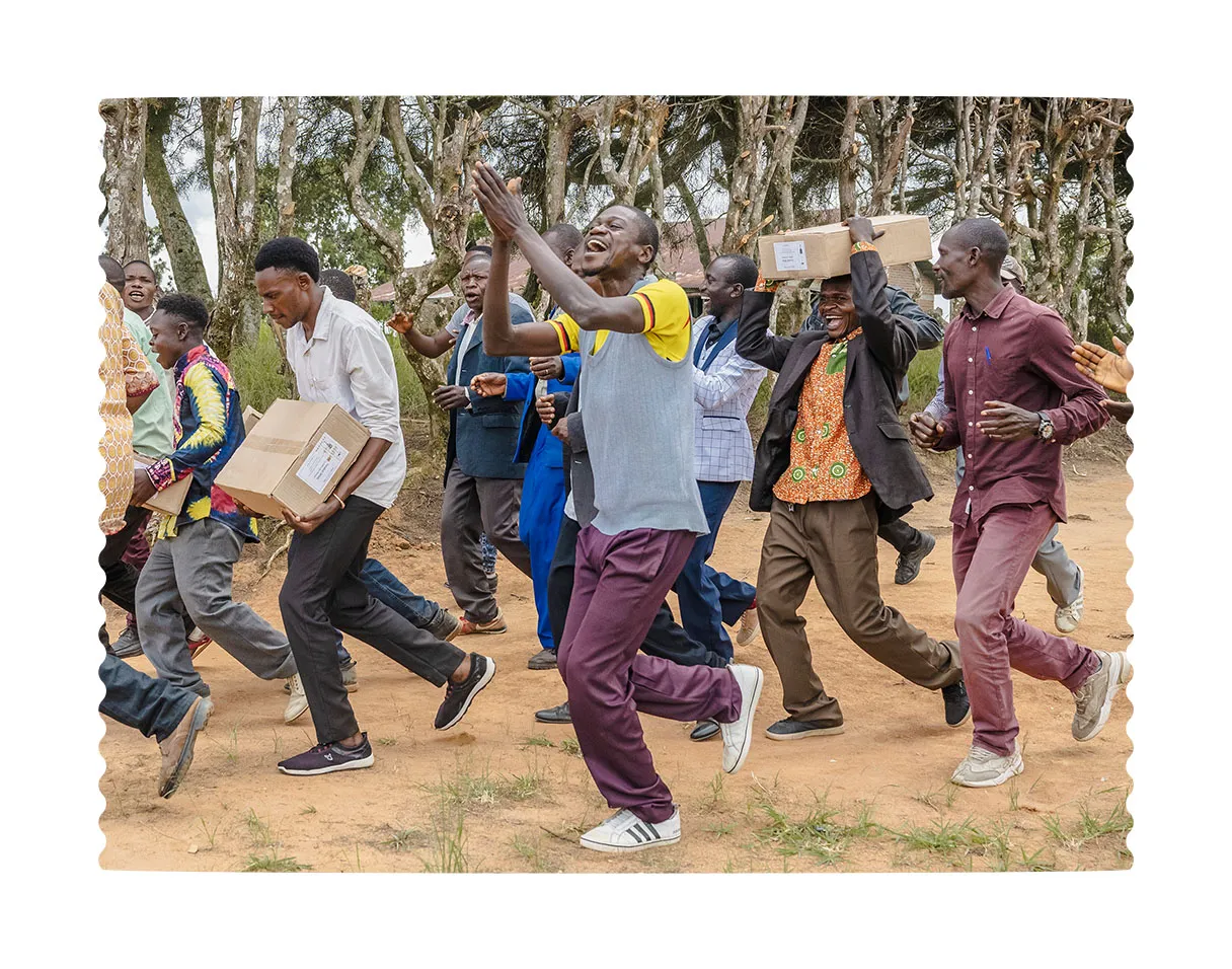 Group of people running and smiling