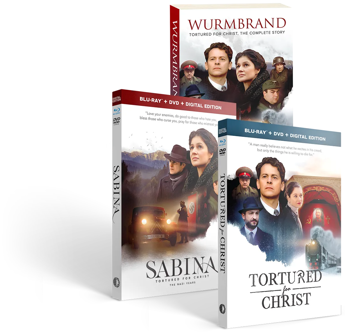 Collage of Wurmbrand Book plus Tortured for Christ and Sabina Blu-ray/DVD set