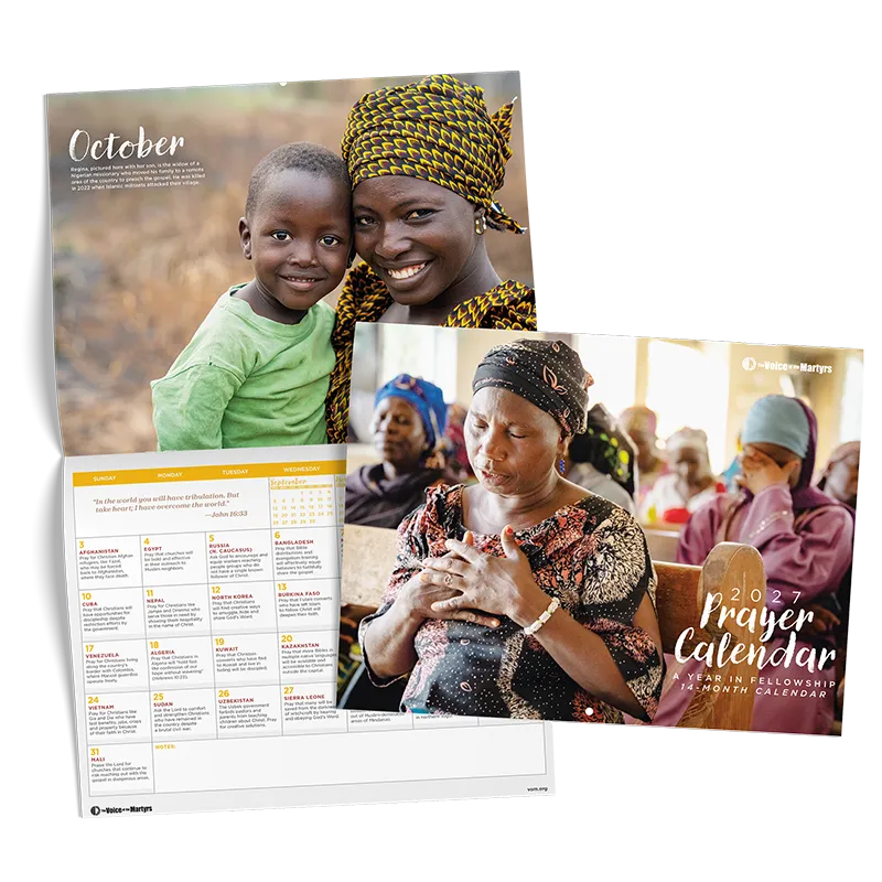 2027 Prayer Calendar cover showing women praying, beside an open October spread showing a woman and child