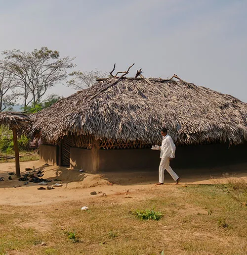 Man walking in front of house