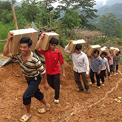 Men carrying crates of bibles up hill