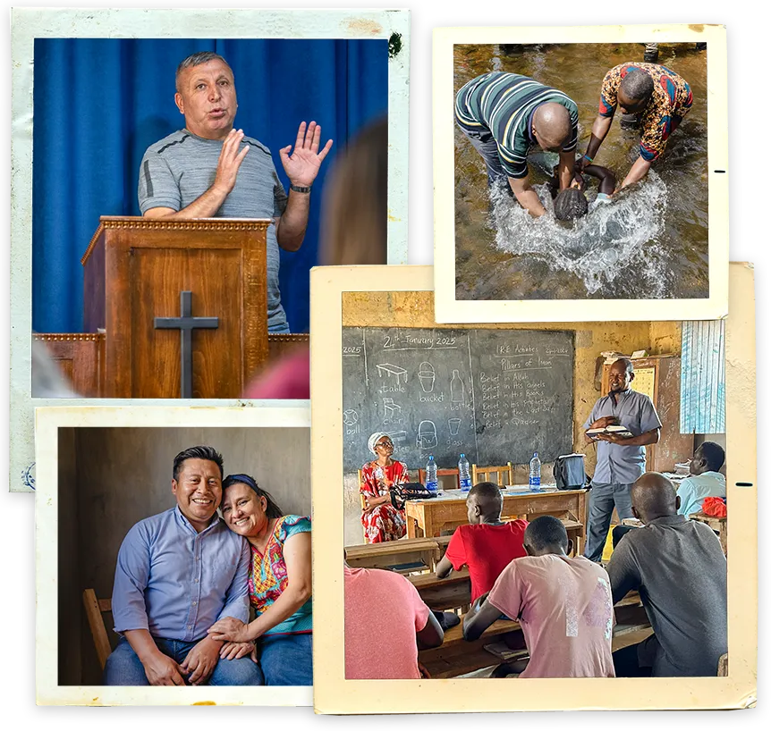 Four photos of smiling front line workers