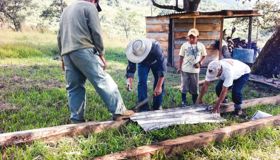 a group of men building a shack in their village